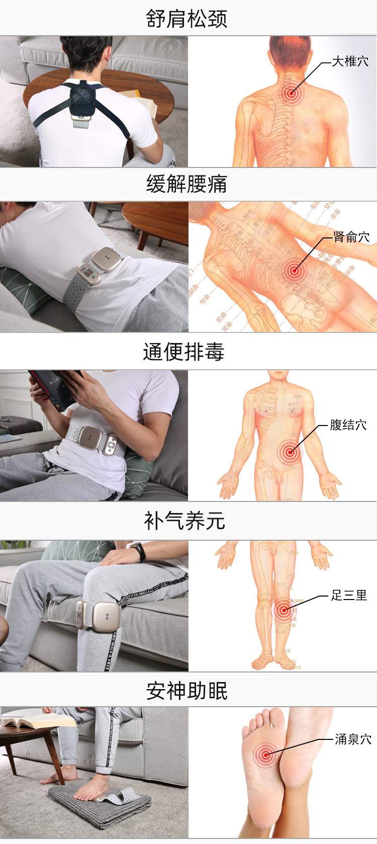 舒肩松頸、緩解腰痛、通便排毒、補(bǔ)氣養(yǎng)元、安神助眠